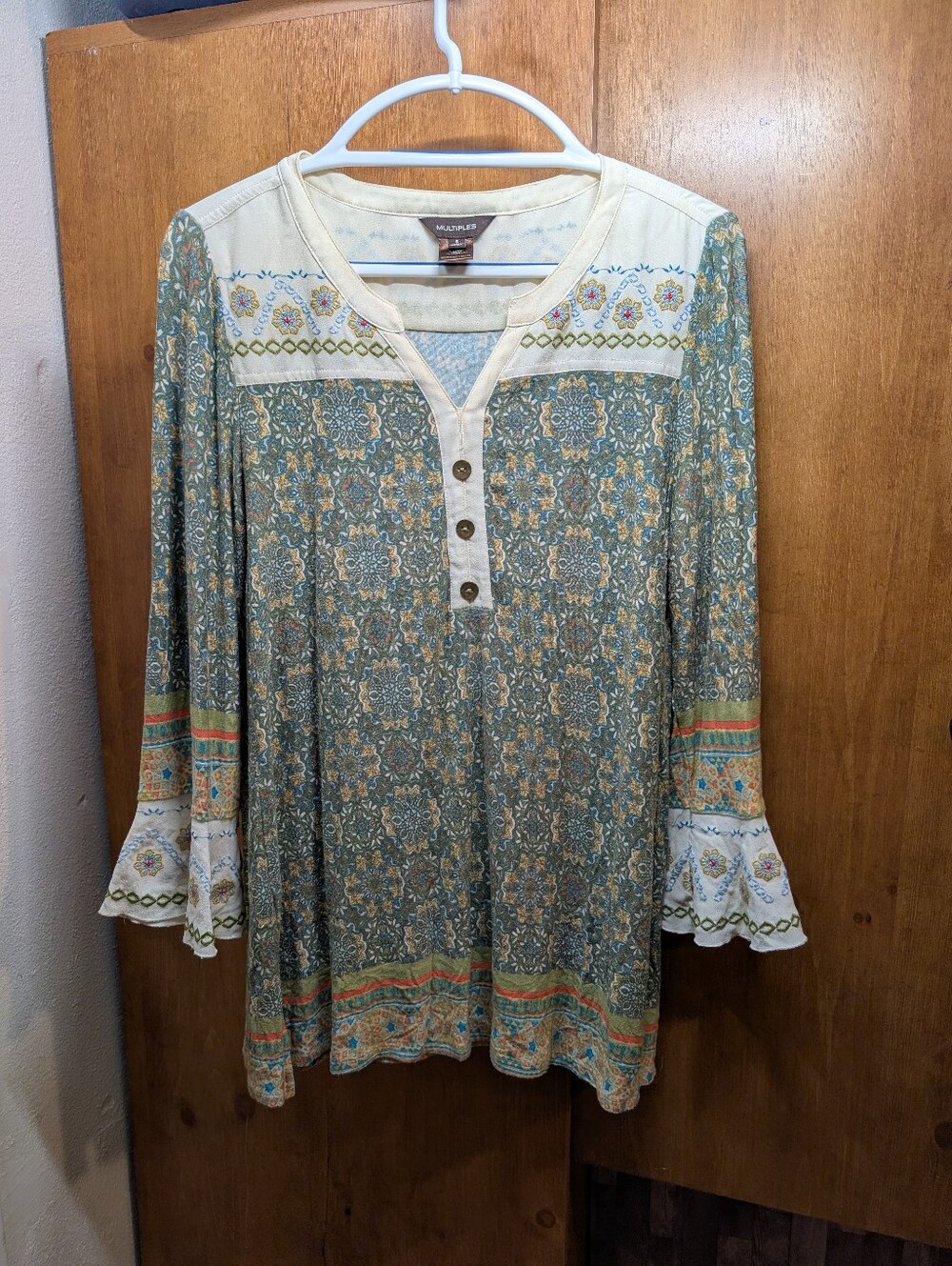Multiples Green Multi Floral Embroidered Bell Sleeve Tunic Small Boho Romantic